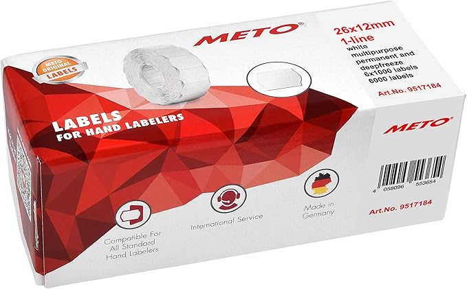 Meto Price Gun Labels (26×12 mm, Single-line, 6,000 Labels, White, Multifunctional Permanent and deep-Freeze, for METO, Contact, Sato, Avery, Tovel, etc.)