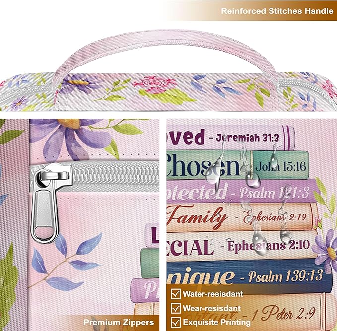 God Says I Am Bible Cover for Women, Floral Scripture Bible Case with Handle and Zipper Pocket, Christian Bible Bag for Girls and Ladies, Inspirational Gift for Church and Study Use