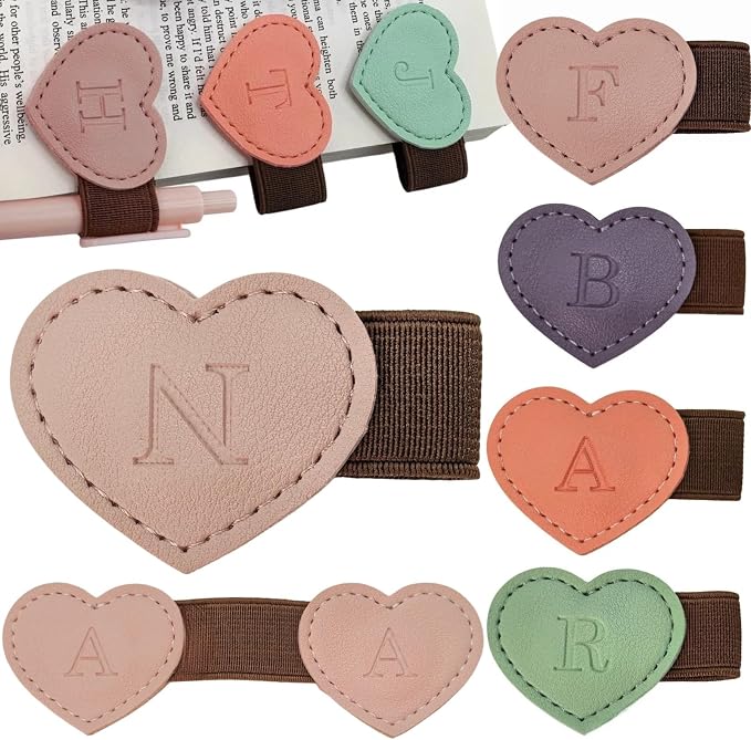 Personalized Magnetic Leather Heart Bookmark with Pen Holder - 26 Letters Custom Book Mark Notebook Pencil Loop with Initial Book Marker for Readers, Book Lovers- Gifts for Women Men(Pink,N)