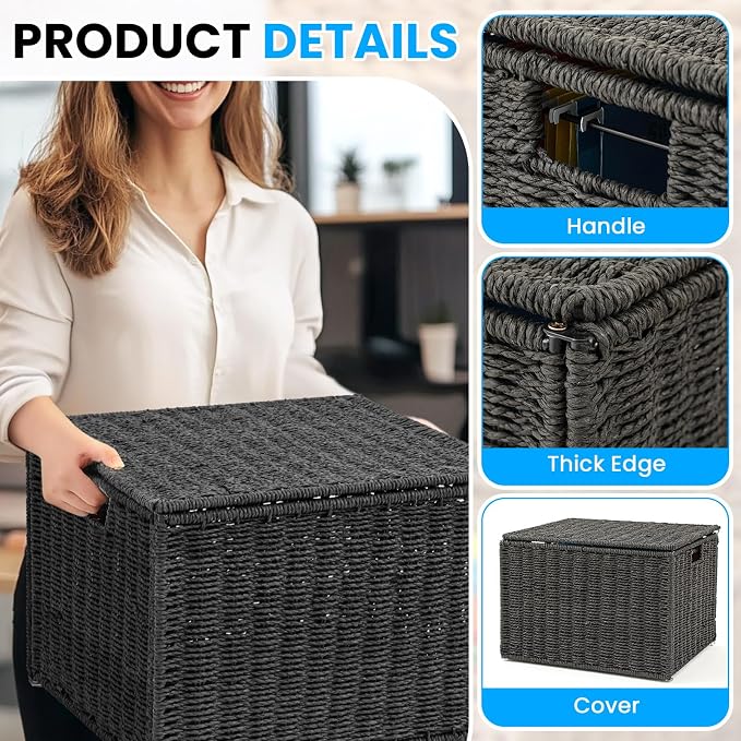 Cinnvoice Extra Large Decorative File Box 18 x 16 x 13 in Wicker Seagrass File Basket Organizer for Letter Legal Size Hand Woven Hanging Filing Cabinet with Lid for Office Paper Rope, Black
