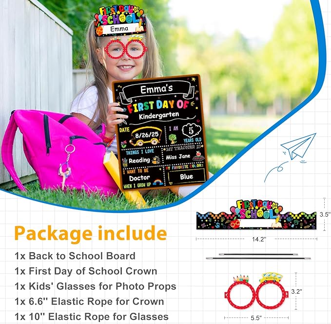D4DREAM First Day of School Chalkboard Sign - 13.5''x10.5'' Double-Sided 1st First and Last Day of School Board with Paper Crown & Glasses Back to Schools Supplies for Kids Kindergarten