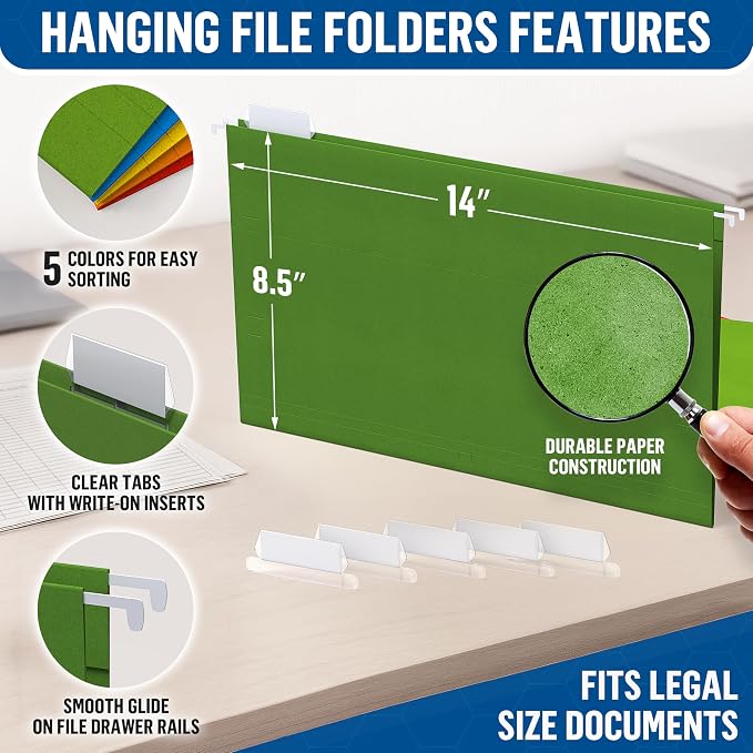 50 Pack Hanging File Folders Legal Size 8.5x14 - Colored Hanging Folders for Filing Cabinet with 1/5-Cut Adjustable Tabs Files for Filing Cabinet Organizer File Hangers for File Cabinets with Hooks