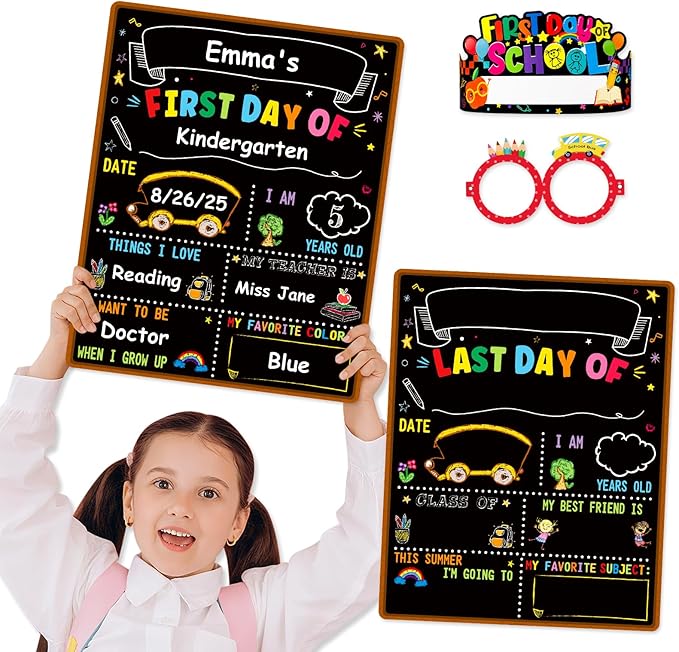 D4DREAM First Day of School Chalkboard Sign - 13.5''x10.5'' Double-Sided 1st First and Last Day of School Board with Paper Crown & Glasses Back to Schools Supplies for Kids Kindergarten