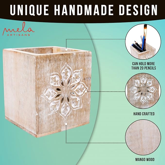 Mela Artisans Serena 4" x 3.5" Whitewash Wooden Pen Holder – Mango Wood Pencil Cup for Home Desk Organization & Rustic Office Decor