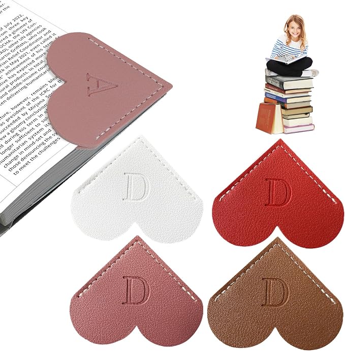 4Pcs Personalized Leather Heart Bookmark with Initial, 26 Letters Custom Corner Page Book Mark for Reading Women, Book Lovers, Teachers, Students, Book Accessories(White+Red+Dark Pink+Dark Brown, D)