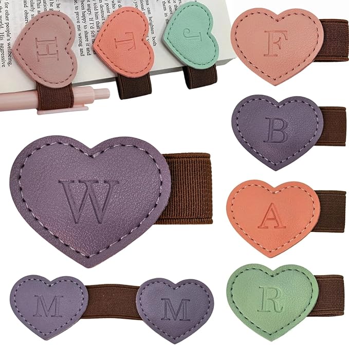 Personalized Magnetic Leather Heart Bookmark with Pen Holder - 26 Letters Custom Book Mark Notebook Pencil Loop with Initial Book Marker for Readers, Book Lovers- Gifts for Women Men(Purple,W)