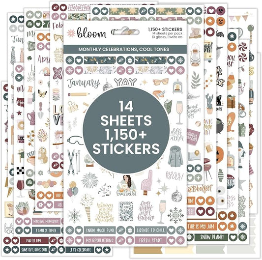 bloom daily planners Monthly Celebrations Planner Stickers for Calendar Decorating, Planning, Scrapbooking - Holiday, Seasonal, & General Events (14 Sheets, 1,150+ Stickers per Pack) - Cool Tones