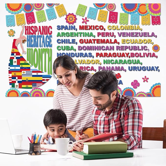 gisgfim Hispanic Heritage Month Bulletin Board Decorations Set Spanish English Classroom Latin American Cutouts National Hispanic Heritage Month Bulletin Board Decor for School Home Chalkboard Wall
