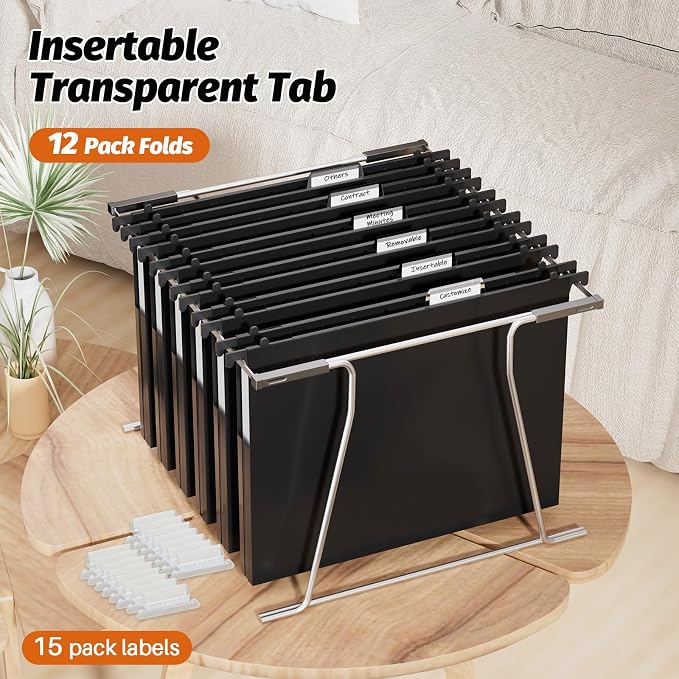 SHUTEX Extra Capacity Plastic Hanging File Folders,12 Pack Reinforced Hang Folder,Heavy Duty 1 Inch Expansion,Filing Cabinet Folders Letter Size for Bulk Files/Medical Charts (Sides Sealed, Black)