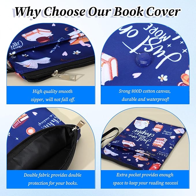 Just One More Chapter Book Sleeve, 11x 8.5 inch Waterproof Book Protector with Zipper and Front Pocket Washable Canvas Paperback Cover for Readers Lovers Gifts Books Accessories Travel Vacation