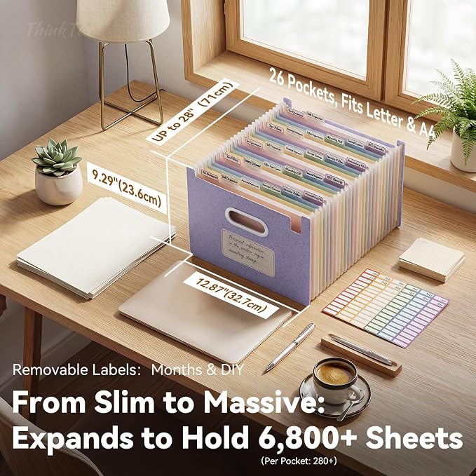 ThinkTex 26-Pocket Accordion File Organizer, Upright Open Top, Monthly Tabs, High Capacity Wheat Straw Expanding File Folder, Fits Letter A4 & Manila Folders for School Home Office -Lavender Purple