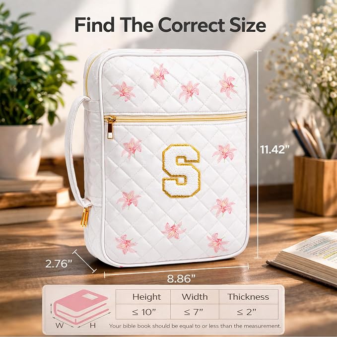 Bible Bag for Women, Bible Cover Case with Study Supplies, Initials Personalized Quilted Bible Bag, Large Chenille Bible Cover – Christian Gift for Girls (Pink Lilies-S)