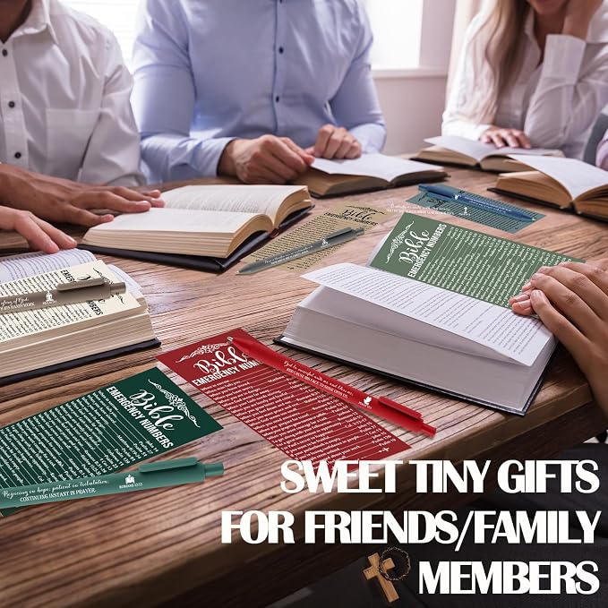 Feifeiya 50 Sets Christian Fathers Day Gifts Bulk Religious Pens Bible Verse Emergency Numbers Bookmark Scripture Catholic Gift for Women Men Church Welcome Sunday School(Christmas Color,English)