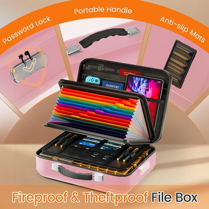 Fireproof Document Box with Lock, 5200°F Fireproof Water Resistant Hard Case File Organizer Safe Box for Important Documents, Certificates, Laptop, Passports (Pink)