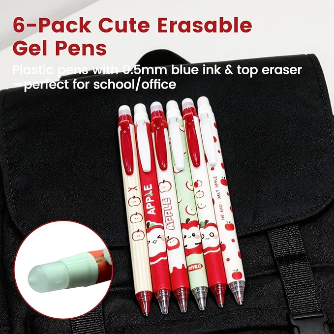 Erasable Pens 6-Pack – Cute Retractable Gel Pens with Eraser Top, 0.5mm Blue Ink, Smooth Writing for Journaling School Office Supplies for Women Men Girls Boys(Blue Ink - Sweet Apple Orchard)