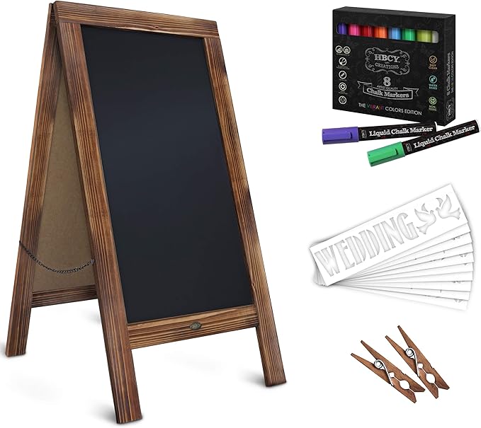 A Frame Chalkboard with Chalk Markers by HBCY Creations: 40x20 Solid Wood A-Frame Sign Gray Double-Sided Magentic Menu Board, Deluxe Set Includes 8 Chalk Markers, 10 Stencils, 2 Magnets