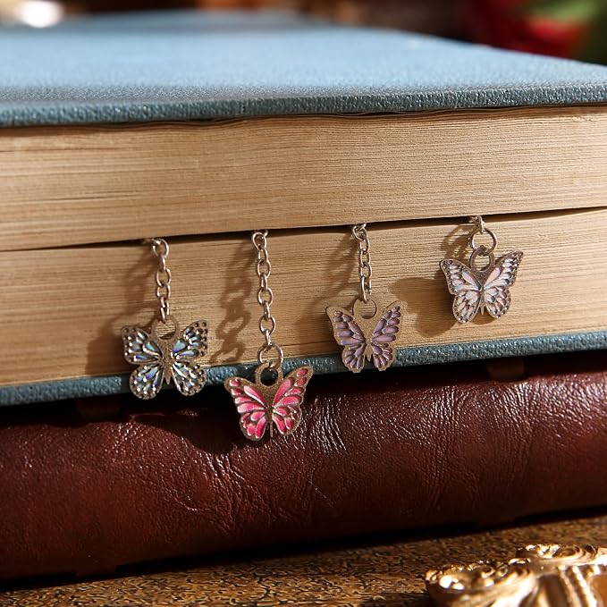 4 PCS Metal Bible Butterfly Bookmarks with Chain, Christian Scripture Inspirational Book Marks for Book Lovers Writers Readers Children Teens for Women Religious Motivational Gift Book Marker Prayer
