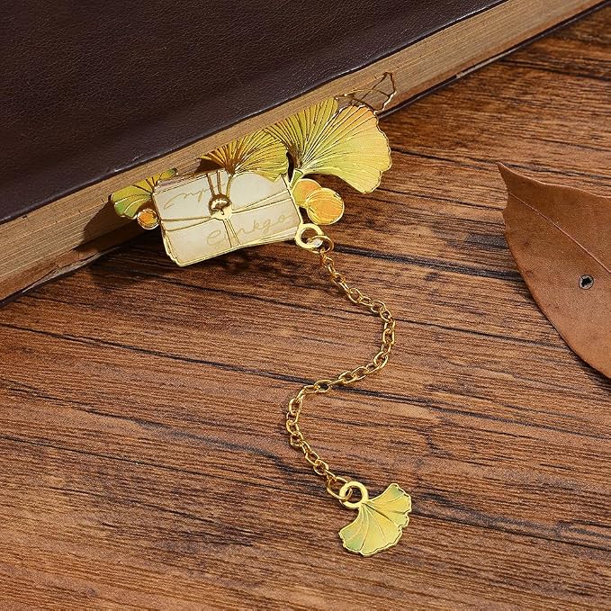 icceemee 2PCS Ginkgo Leaf Theme Bookmark, Cute Bookmark for Women with Hollow-Out Square & Irregular Design, Natural Tassel Book Marks Set in Gift Box, for Book Lovers