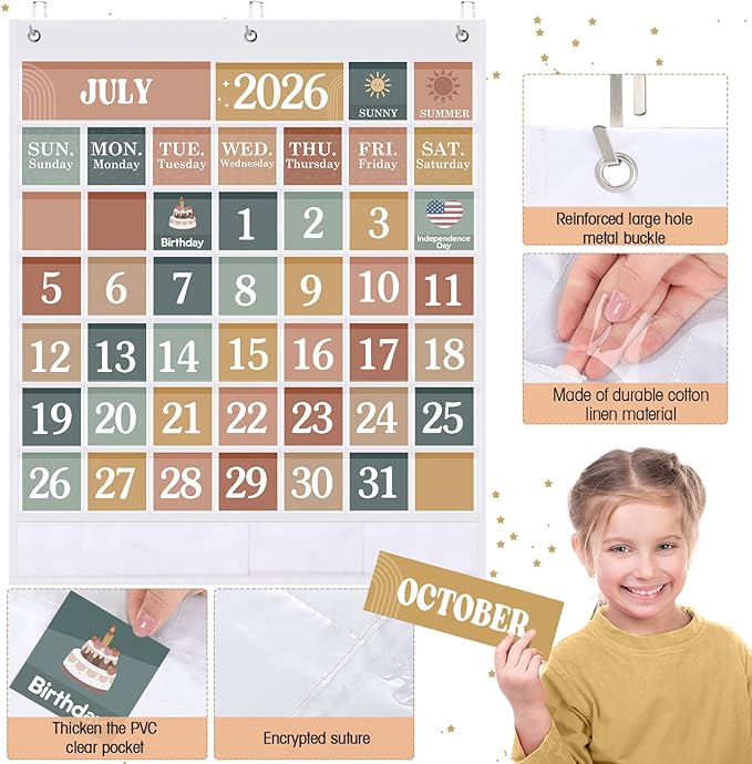 Sinload Classroom Calendar Pocket Chart Set Calendar Bulletin Board Set Seasons Festival Weather Pocket Chart for Classroom Decoration Back to School Supplies(Modern Boho,White)