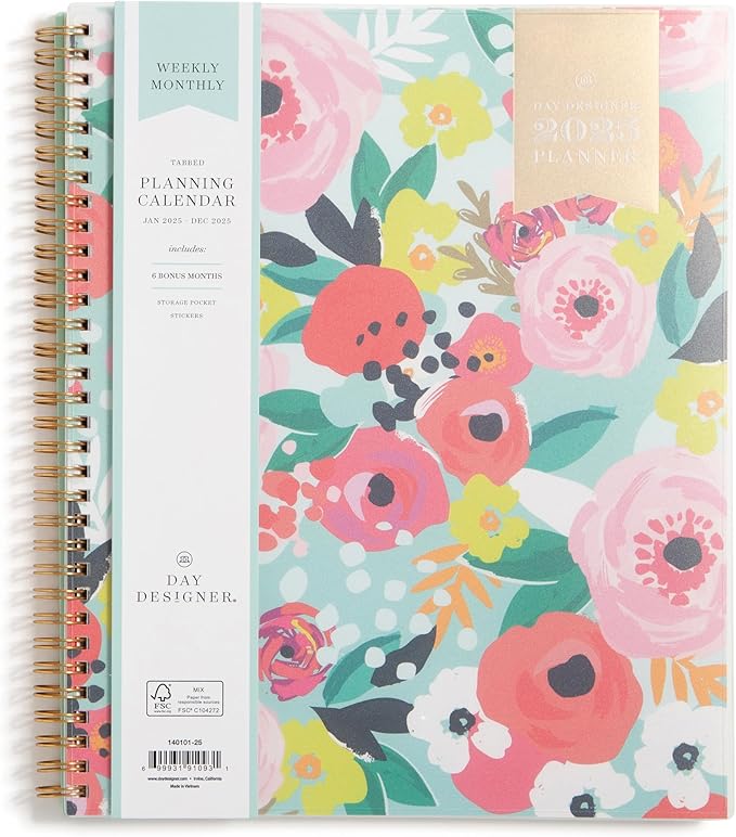 Blue Sky Day Designer 2025 Weekly and Monthly Planner Calendar, January 2025 - December 2025, 8.5" x 11", Frosted Cover, Wirebound, Storage Pocket, Secret Garden Mint