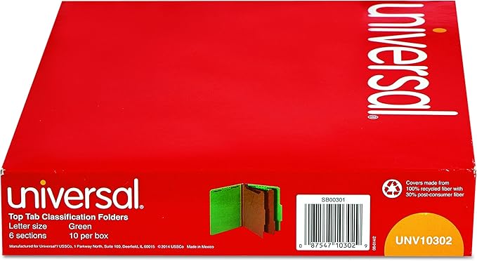 Universal 10302 Pressboard Classification Folders, Letter, Six-Section, Emerald Green (Box of 10)