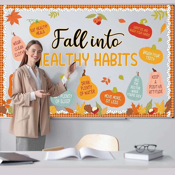 Fall Healthy Bulletin Board Set Fall Into Healthy Habits Bulletin Board Autumn Pumpkin Classroom Paper Cutouts Maple Leaves Poster for Thanksgiving Classroom Teacher Chalkboard Office Wall Door Decor