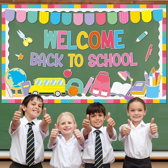 Justforjoyful Welcome Back to School Bulletin Board Classroom Decorations Colorful Welcome Banner Cutouts Wall Door Decor Chalkboard Sign for First Day of School Classroom Party