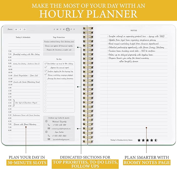 Daily Planner with Hourly Schedule – Aesthetic Spiral To-Do List Notebook for Work, Appointments and Tasks | Undated Daily Planner, Hourly Organizer to Stay Focused, Green