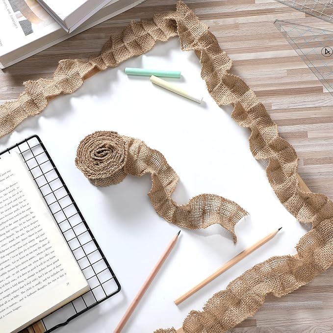6 Rolls Ruffled Bulletin Board Borders for Classroom Decor Farmhouse Classroom Decor Burlap Bulletin Borders DIY Border Trims Crafts Classroom Home Decoration (Light Brown, 2 x 94.5 Inch)
