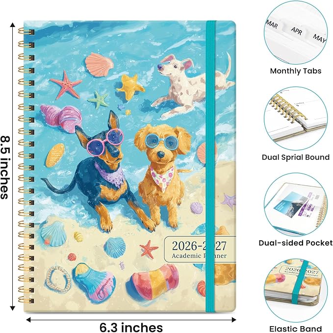 Planner 2026–2027, Academic Planner Weekly and Monthly Calendar Jul 2026 – Jun 2027 Hardcover Planner with Tabs and Pocket, Spiral Bound Agenda Book for Student & Teacher, 6.3" x 8.5", Beach Pups