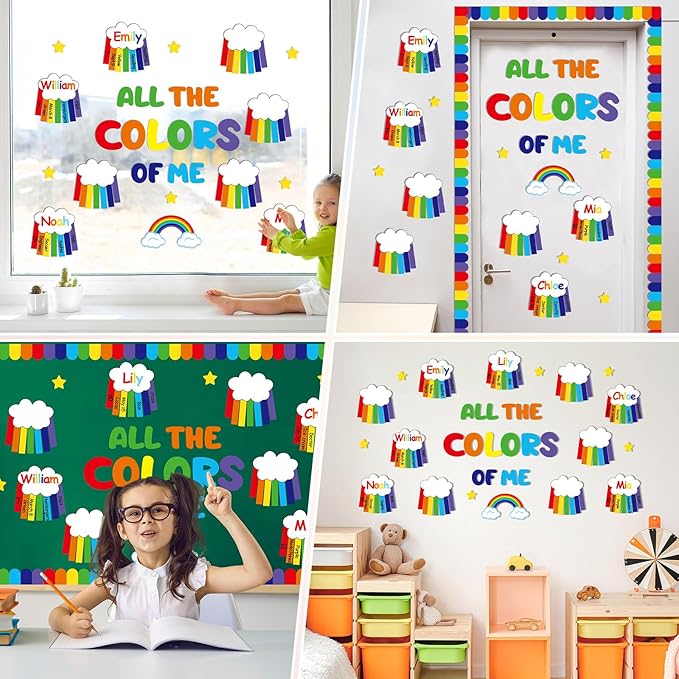 QOUBAI Rainbow Bulletin Board Set Rainbow Welcome Themed Classroom Bulletin Board Decorations Summer Cloud Star Cutouts Classroom Decorations for Back to School Office Home Chalkboard Decor Wall Door
