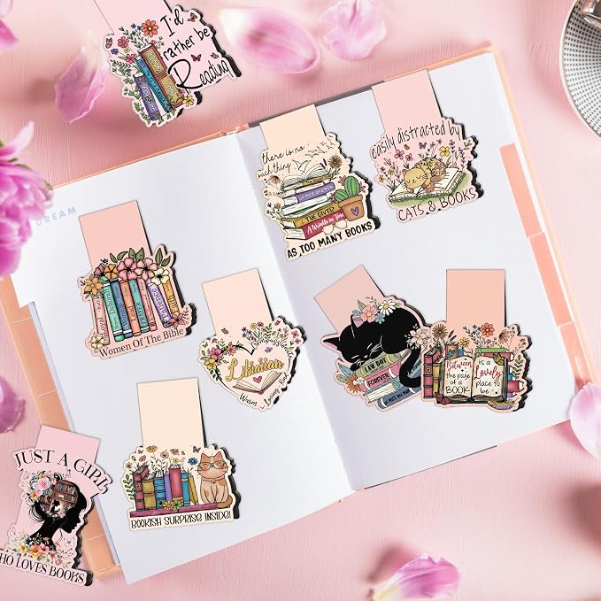 Wxiben Book Lovers Magnetic Bookmark - 9 Pcs Funny Reading Bookmarks Magnets Retro Bookish Floral Book Mark Magnetic Book Mark Page Markers Clip Gifts for Women Men Book Lovers Students Teacher