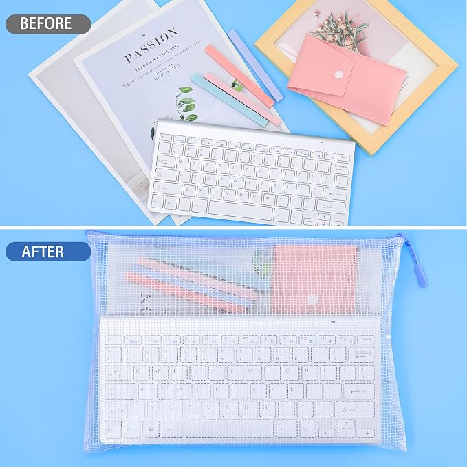 Feifeiya 24 Pack Blue Mesh Zipper Pouch Bags, A4 Size Clear Mesh Zipper Storage Bags Bulk for School Office Organization
