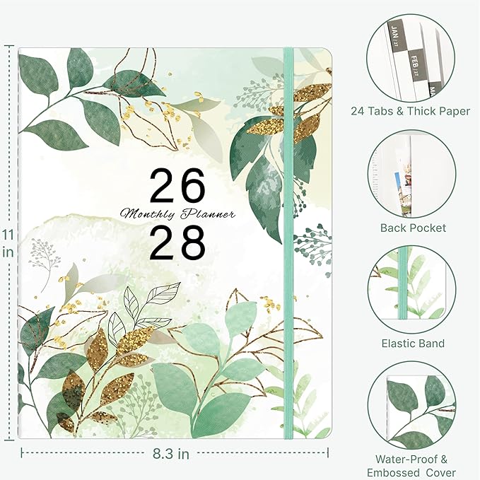 2026-2028 Monthly Planner, 2 Year Calendar Planner, Jul 2026 - Jun 2028, 8.3'' x 11'', 24 Months, Embossed Cover, with Printed Tabs ＆Pocket, Elastic Closure, Organizer for Office Home School, Green