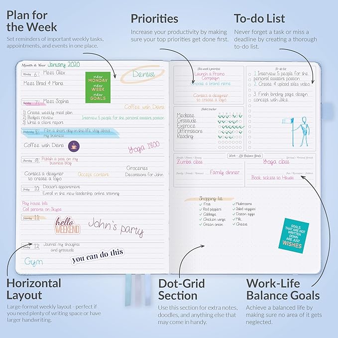GoGirl Planner PRO - Undated Horizontal Layout Weekly Planner and Organizer + Budgeting and Expense Tracking Pages, Goals Journal & Agenda, 7" x 10" Hardcover, Lasts 1 Year - Periwinkle