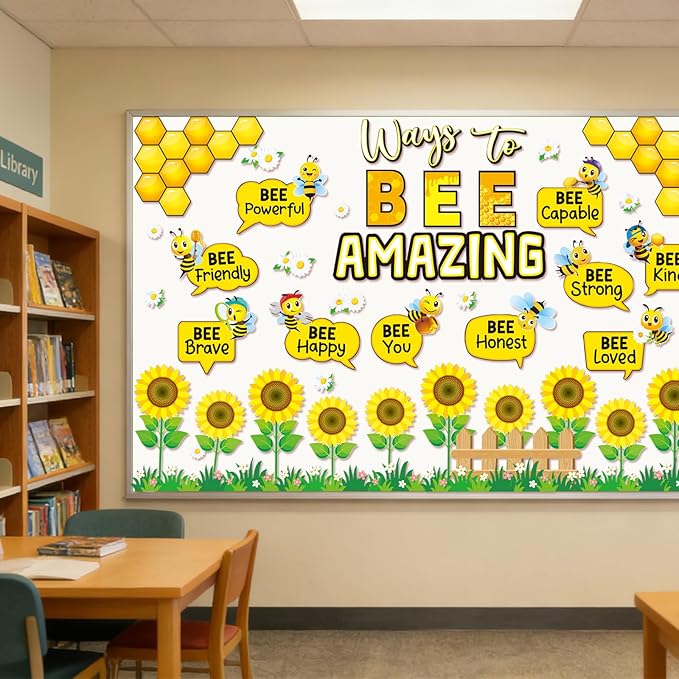 60 PCS Bee Theme Classroom Decorations- Bee Hive Cutouts Bee Bulletin Board Decoration Set Sunflower Cutouts Decor for Bulletin Board Classroom Back to School Library Hoom Window Wall Bee Theme Decor