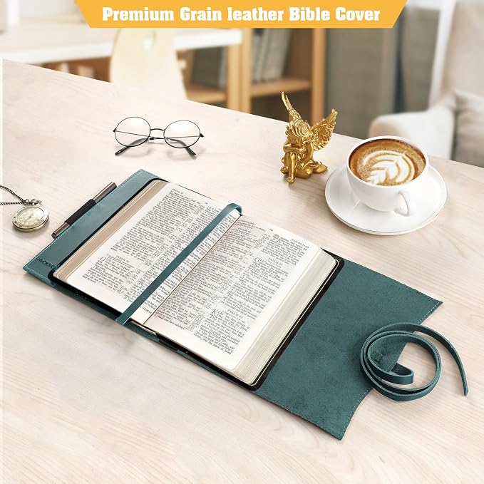 Jack&Chris Leather Bible Cover, Leather Book Cover for Men and Women, Bible Holder Strap Bible Cover Gifts, Blue Medium