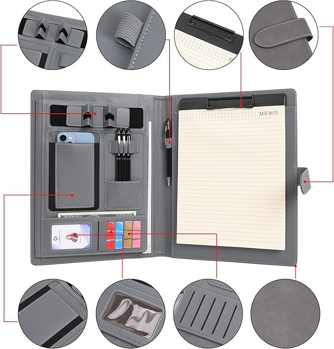 Wason Portfolio Padfolio A4 Leather PU Folder File Document Holder Case with Writing Pad Removable Clipboard Card Stationary Case Phone Tablet Stand for Organizer Office Travel School (Grey)