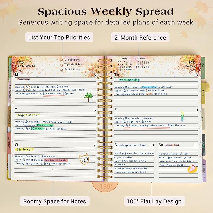 Planner 2026-2027, 18 Months Weekly and Monthly Daily Planner from January 2026 - June 2027, 5.75" x 8.38" A5 Hardcover Agenda Organizer Book 2026 with Tabs, Spiral Yearly Calendar Planners for School Work Home, Autumn Tree