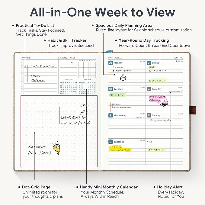 Weekly Planner 2026-2027 A5 (6.5" x 8.5") 12 Months (Jul'26 - Jun'27) Weekly & Monthly Planner with Month Tabs & Inner Pocket, Expenses/Note Pages, PU Leather Brown
