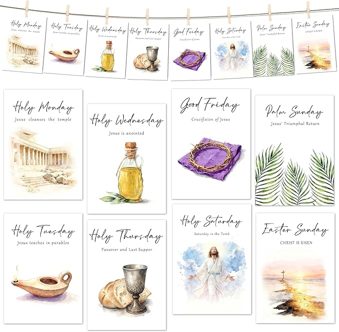 Holy Week Story Cards & Easter Story Cards - Holy Week Decoration - Religious Supplies & Easter Activities for Kids Teens Adults - Sunday School Learning Card(16 Holders 26 Feet Hemp Rope) - A02