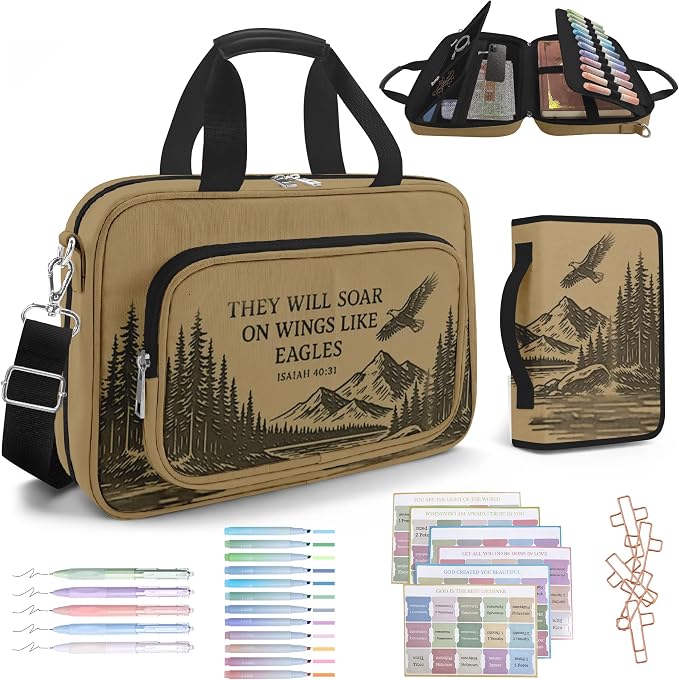 Eagle Bible Cover Case for Men Boys,Large Bible Bag Carrying Case with Strap & Handle Zipper Pocket, Bible Study Supplies Journaling Kit, Pens Highlighters Cross Clips Tabs Christian Gift