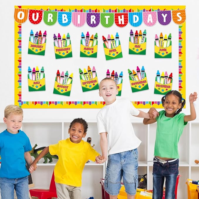 Justforjoyful Birthday Bulletin Board Classroom Decorations Crayon Box Cutouts Colorful Crayon Name Tags Decoration for Wall Chalkboard Decors Preschool Classroom Decor Teacher Back to School Supplies