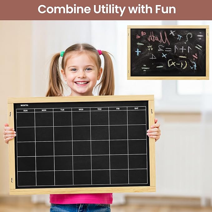 2-in-1 Double-Sided Magnetic Chalkboard 24"x16", Chalk Calendar Board & Large Blackboard for Kitchen & Home Decor, Schedule, Menu, Back-to-School Gift - Hanging Chalk Board with 2 Liquid Pens, Wood