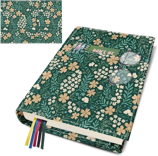 Floral Book Cover Protector for Paperback, Adjustable Soft Canvas Fabric Book Cover with Pocket Bookmark, Double-Sided Flower Printed Book Dust Jacket Covers for Hardcover Book Lovers Gift