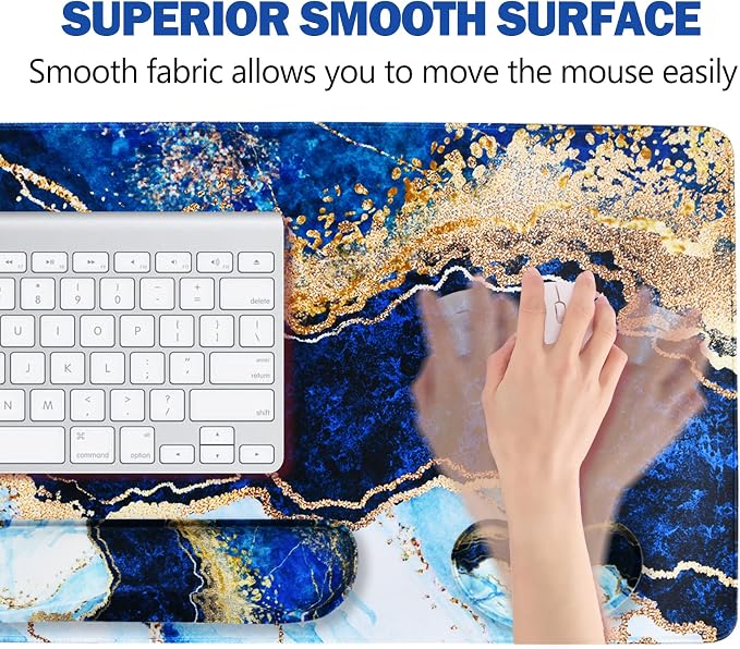 ARTSO Large Gaming Mouse Pad, Keyboard Wrist Rest Pad & Wrist Support Mousepad Set, Stitched Edge, Extended, Non-Slip Base, Memory Foam,Multifunctional Desk Mat 4pcs for Office & Home, Blue Marble