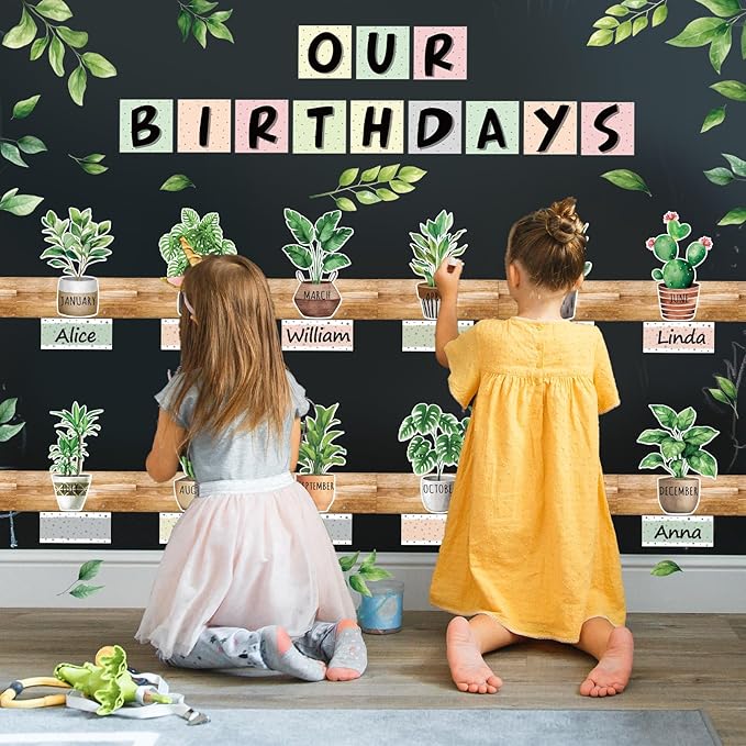 FYSUIMU 84 Pcs Birthday Bulletin Board Decoration Set Boho Plant Leaves Birthday Bulletin Board Border Greenery Paper Cutouts for Back to School Classroom Month Calendar Preschool Chalkboard Supplies