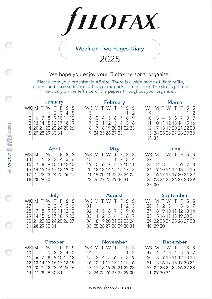 Filofax Calendar Diary Refill, A5 Size, Week-to-View, White Paper, Unruled, English, 2025 (C68522R-25)