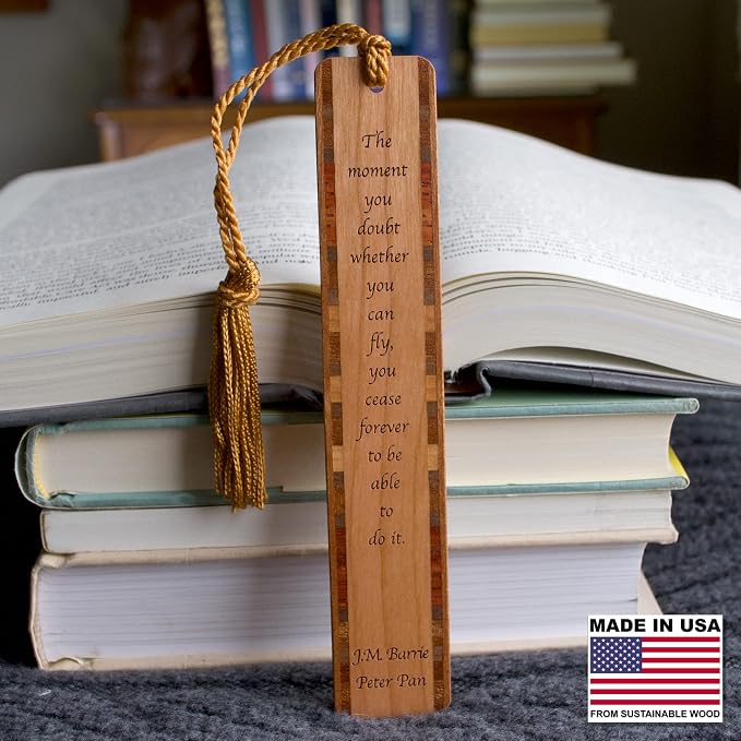 Peter Pan Quote Personalized Wooden Bookmark | J.M. Barrie Inspirational Literary Quote Gift for Readers | Handmade Wood Bookmark with Copper Tassel | Made in the USA