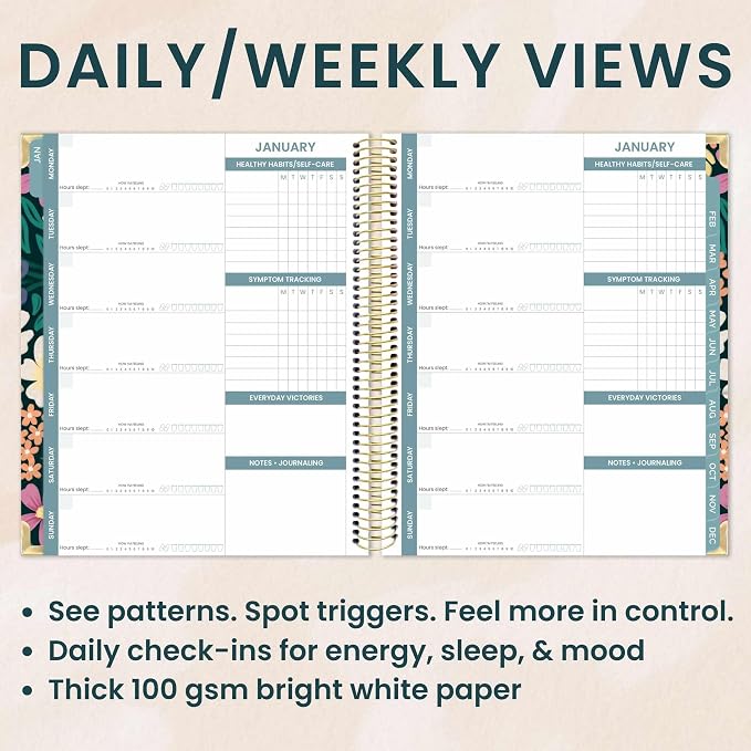 bloom daily planners Undated Chronic Illness Planner & Medical Journal - 12 Month Pain & Symptom Tracker, Mood & Medication Log, Appointment Organizer (7” x 9”) - Chronically Resilient